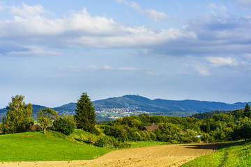 View from Bergdietikon to Uetliberg mountain with tv tower near zurich switzerland