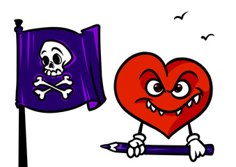 Obraz premium Love harmful paint pencil evil Jolly Roger Red heart character cartoon illustration isolated image