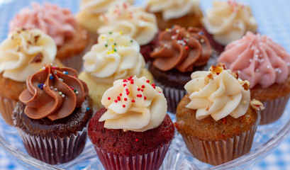 Cupcakes on a glass tray on a blue checkered tablecloth as seen from above. Multi-colored cupcakes with red velvet, vanilla, chocolate, lemon, and strawberry flavors with sprinkled frosting. 