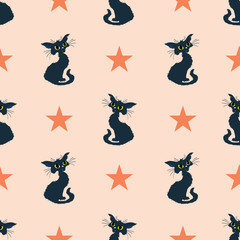 Black cats halloween orange vector repeat pattern.