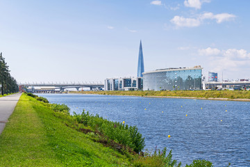 Grebnoy Kanal, Bychiy Island, the Western High-Speed Diameter and the Lakhta Center in Saint...