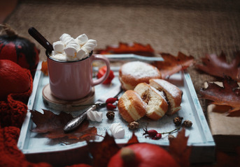 a cup of coffee with marshmallows,fresh donuts, pumpkins, book and autumn leaves and  berries/cozy autumn background