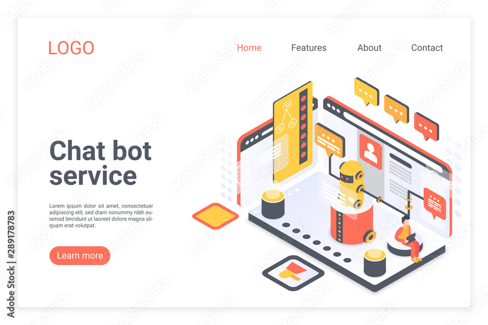 Fototapete chat bot service isometric vector landing page template. customer support chatbot website design lay