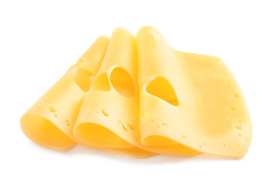 Slices of tasty maasdam cheese on white background