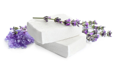 Obraz na płótnie Canvas Hand made soap bars with lavender flowers and bath salt on white background