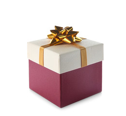 Beautiful gift box with bow on white background