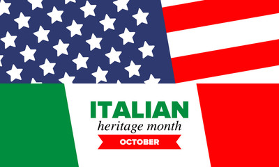 National Italian American Heritage Month. Happy holiday celebrate annual in October. Italy and United States flag. Culture month. Patriotic design. Poster, card, banner, template. Vector illustration