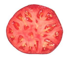Ripe red tomato cut in half inside cross section isolated on white background