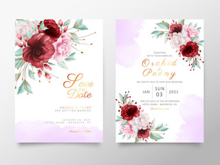 Elegant wedding invitation cards template with flowers and watercolor background. Textured surface background decoration