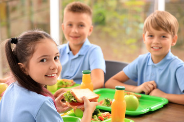 Happy children at table with healthy food in school canteen