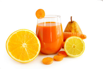 Carrot juice with orange, lemon and pear isolated on white background