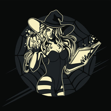 Magic Witch with Pumpkin and Book for Halloween Vector Illustration