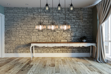 empty living room interior decoration modern lamp and wooden floor, stone wall concept. decorative background for home, office, hotel. 3D illustration