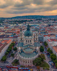 St Stephen Basilica in sunset. Amazing city lights. Cloudly sky an aerial view