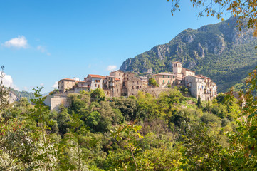 Fototapeta na wymiar Old medieval town Papigno on the hill with mountain on the background