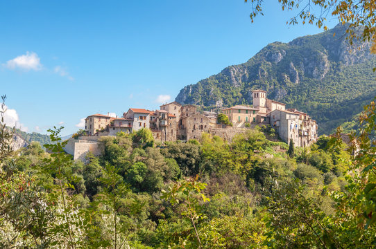 Old medieval town Papigno on the hill with mountain on the background