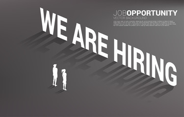 Silhouette of businessman and businesswoman standing with we are hiring header text. Background concept for job opportunity and career.