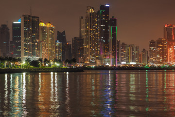 Fototapeta na wymiar Panama City Night Skyline with Water Reflections