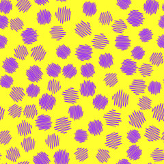 Violet scribble circles seamless pattern on yellow background. Vector illustration for design textile, wrapping paper, card, banner, decoration, fabric