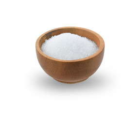 sugar in wooden bowl on white background
