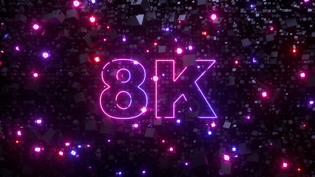 8K ultra hd television technology concept. Abstract creative background. Neon glowing lights, millions of fluorescent particles. Modern colorful illumination design, beautiful explosion. 3d rendering