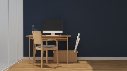 workplace or dining room in home or apartment and navy blue wall decoration - Interior design minimal style - 3D Rendering