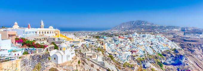 Panorama of Thira on Santorini Island in Greece at Daytime.