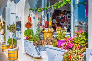 Ordinary Grocery Store at Thira City on Santorini Island in Greece. - obrazy, fototapety, plakaty