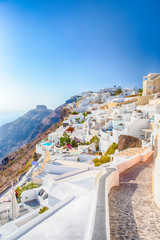 Captivating and Delightful View of Famous Thira on Santorini Island in Greece at Daytime.