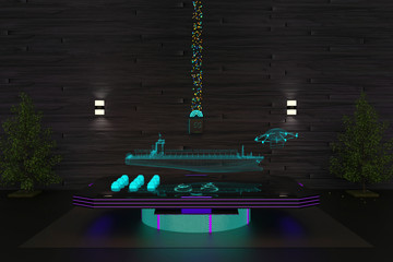 3D illustration of a diorama table with autonomous shipping, self-driving cars and a delivery drone using 5G network