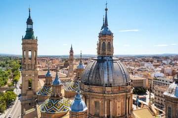 Aerial cityscape view of basilica of Our Lady in Zaragoza city in Spain . - obrazy, fototapety, plakaty