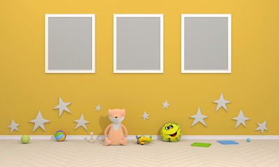 child room with many toy and yellow background 3d rendering
