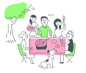 バーベキューを楽しむ家族　グリーン