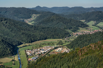 Fototapeta premium Aerial view of the Kinzig valley at Fischerbach and Hausach in the Black Forest, Germany