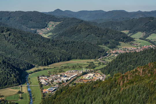 Aerial view of the Kinzig valley at Fischerbach and Hausach in the Black Forest, Germany