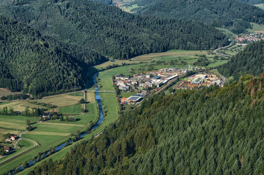 Aerial view of the Kinzig valley at Fischerbach and Hausach in the Black Forest, Germany