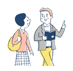 歩きながら話す男女　ピンク