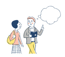 歩きながら話す男女　ふきだし　ピンク