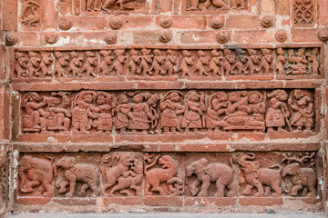 Ancient Terracotta texture on the walls of Ancient Hindu Temples at Bishnupur, India.