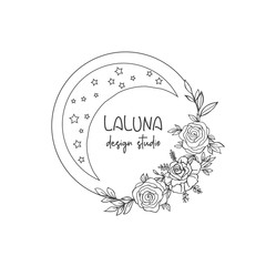 Hand Drawn template for logo company. Floral Frame with moon and place for text.