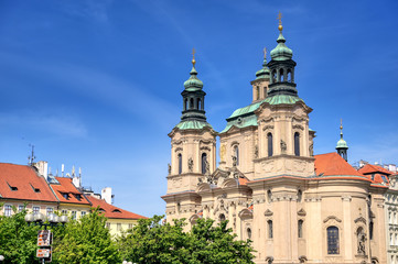 Fototapeta na wymiar The Church of Saint Nicholas located in the Old Town Square in Prague, Czech Republic.