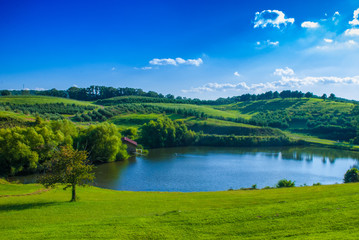 Rich lush green rolling countryside of the Georgia mountains. This perfectly beautiful land with trees, crops and grass wraps around a stunning lake.