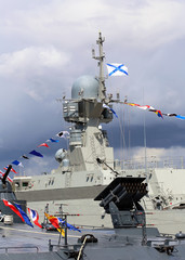 Shipboard multiple launch rocket launcher system on the on board the Russian military ship