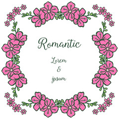 Card romantic with abstract pink wreath frame and green leaves. Vector