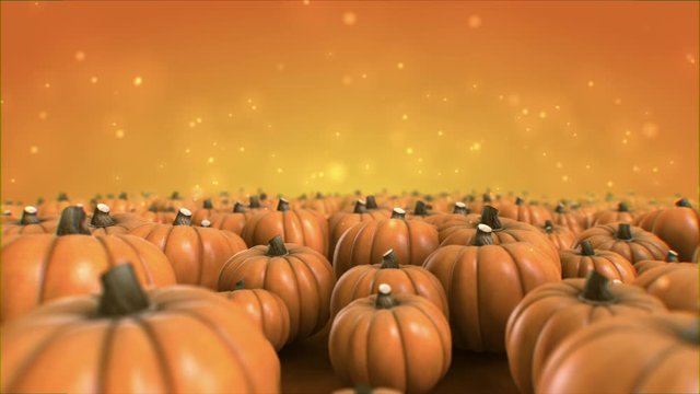 Halloween pumpkin animation 4K tracking left to right slow camera move side  view on grass with particles on top lower third 