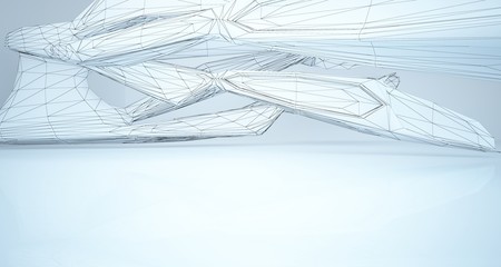 Drawing abstract architectural white interior of a minimalist house with large windows. 3D illustration and rendering.