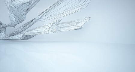 Drawing abstract architectural white interior of a minimalist house with large windows. 3D illustration and rendering.