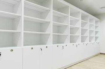 White cabinet and shelves in room.