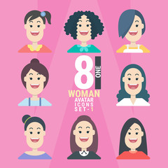 8 Woman Avatar icons.Variety of Young People - set 1