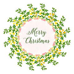 Calligraphy lettering of merry christmas, with art of unique green leafy flower frame. Vector